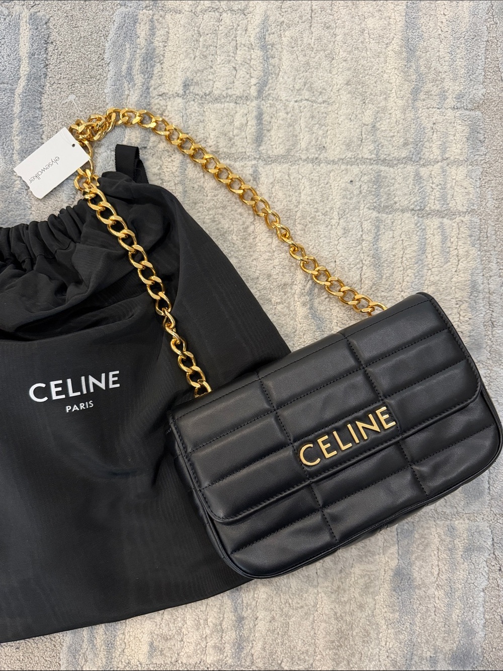 Celine Matelasse MonochromeQuilted Leather Shoulder Bag in Black with Gold Chain